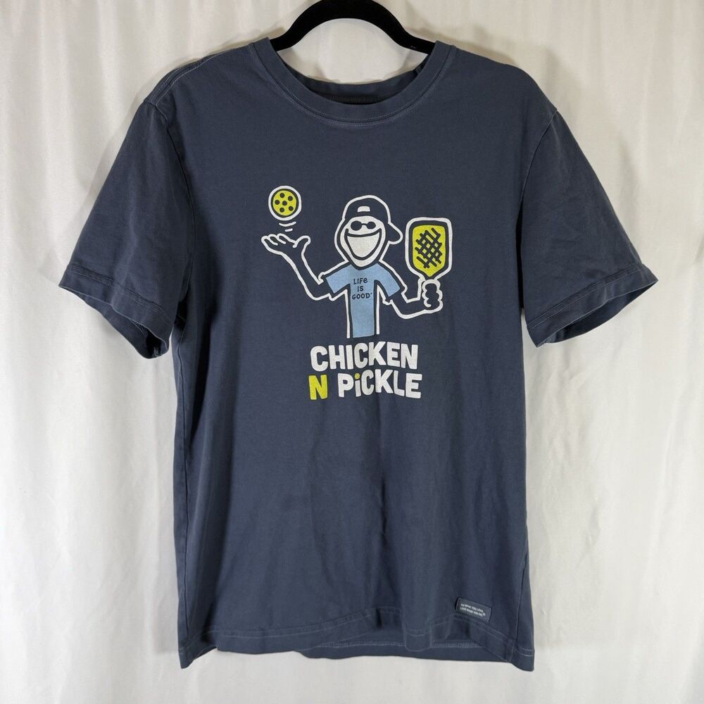 Life is Good Chicken N Pickle Shirt Men's Medium Blue Short Sleeve Crew Neck